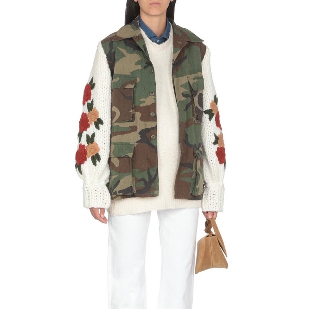 Tu Lize Upcycled Embroidered Military Camo Jacket w/crochet sleeves size M/L